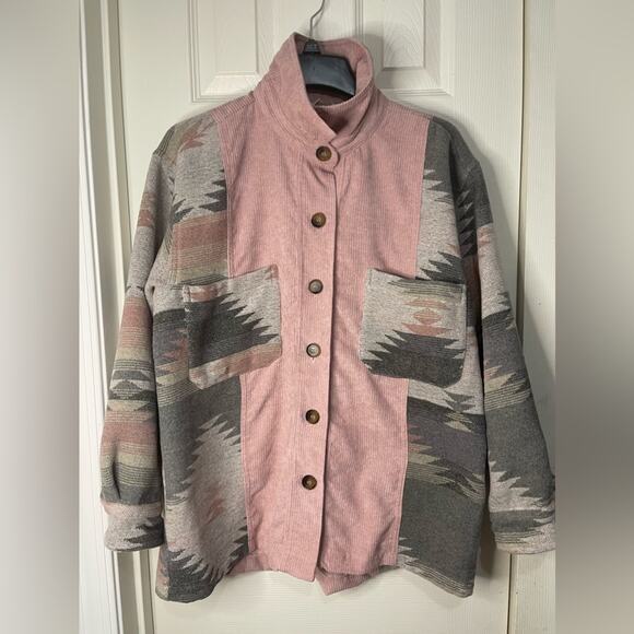 Ee: Some Pink Corduroy Southwestern Oversized Aztec Rodeo Shacket size Small - Picture 2 of 7
